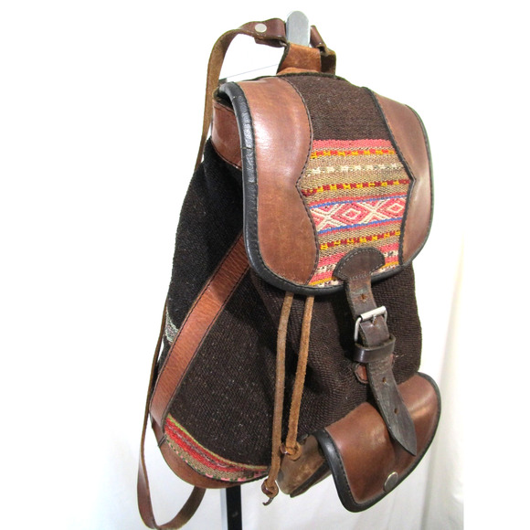 Artisan Handmade in Peru Multicolor Wool, Leather Backpack Purse - Picture 2 of 8
